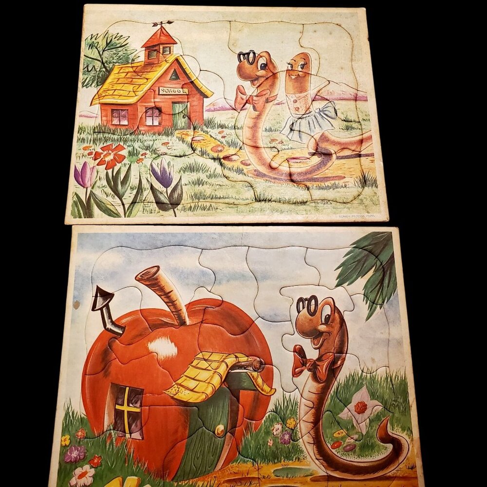Vintage 1960s Jigsaw Puzzles 2 Screen Process Worms Go To School Apple